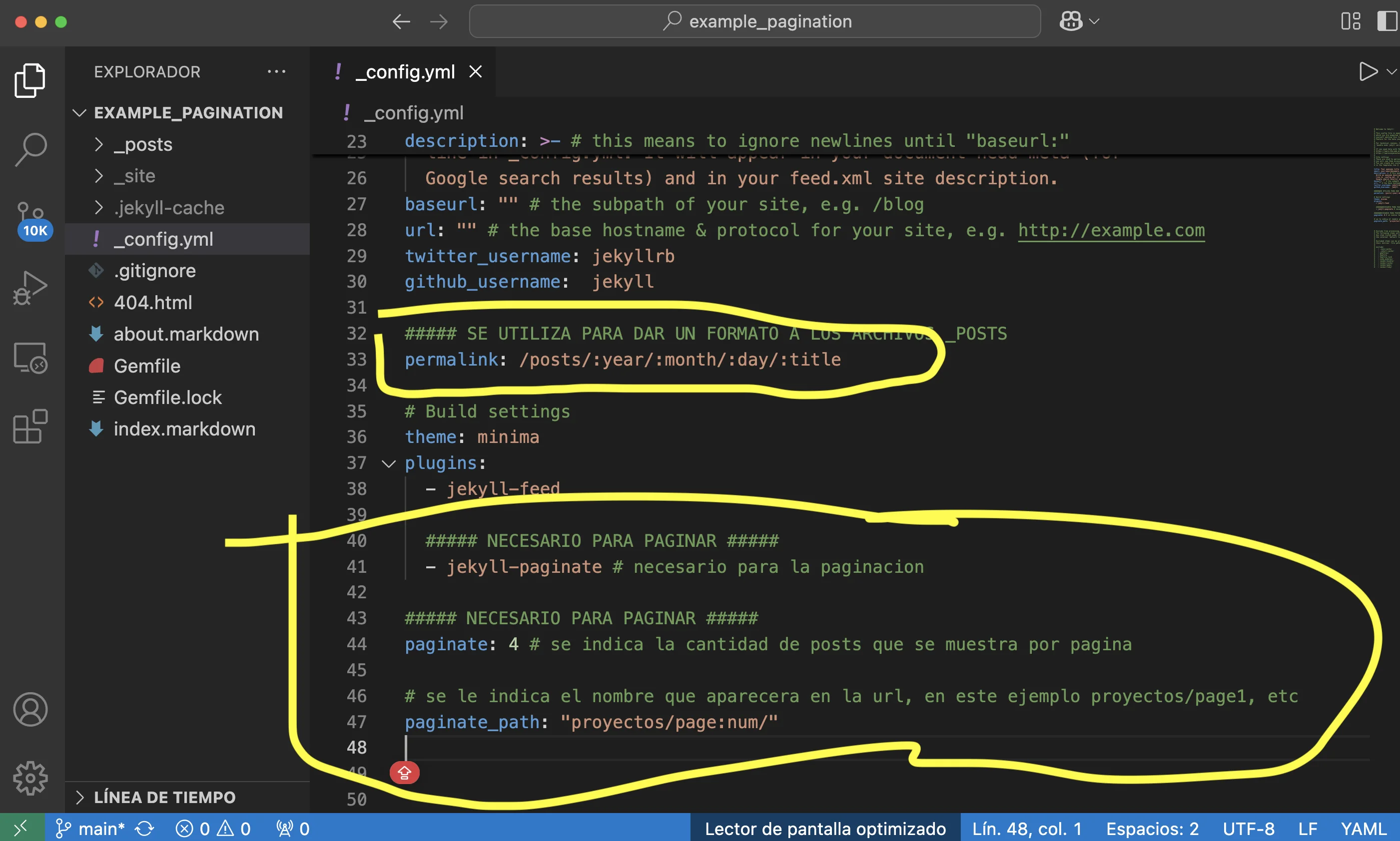 Modificar archivo _config.yml para paginar