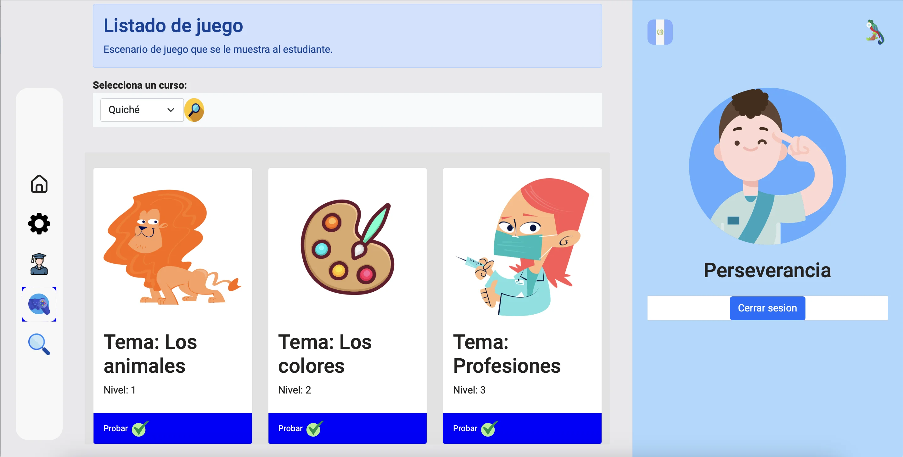 Listado de juego modo administrador